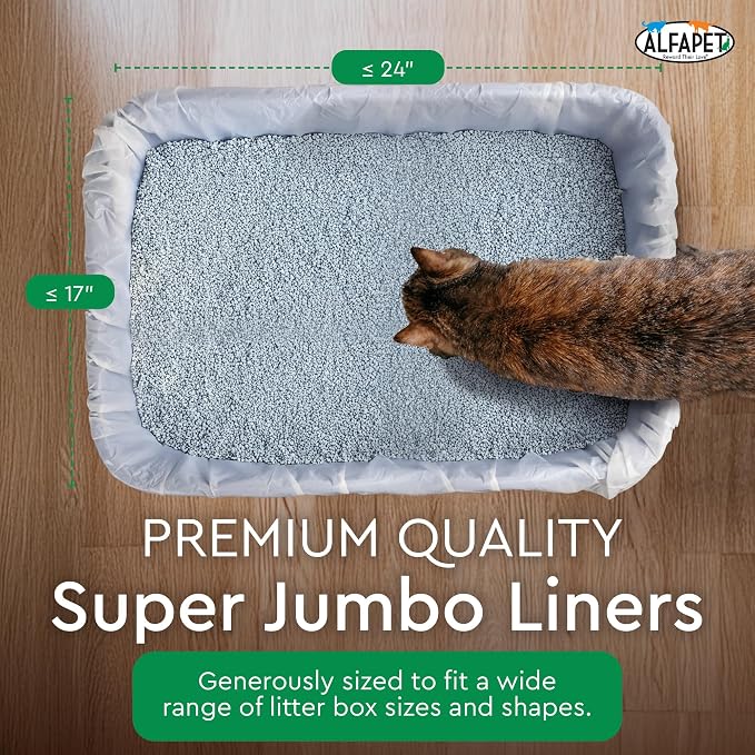 Alfapet Elastic Cat Litter Box Liners - Super Jumbo 15Count - Tear-Resistant Cat Litter Bags, Waterproof Kitty Litter Liners - Fits Litterbox Pan Sizes X-Giant, Jumbo, 42" x 20" x 2 MIL 30 lb Capacity