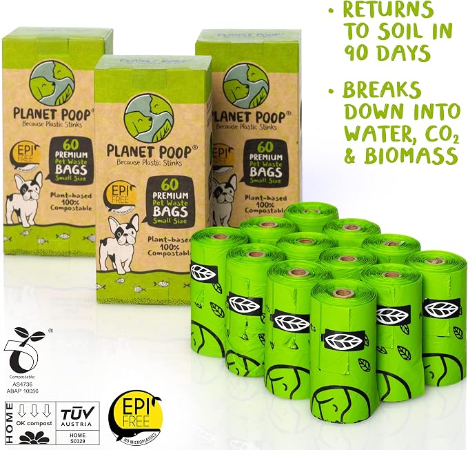 Planet Poop Biodegradable Dog Poop Bags, 180 Count, Plant-Based, Non-GMO, Leakproof, Compostable, No Microplastics - Supports Mission Pawsible in Bali