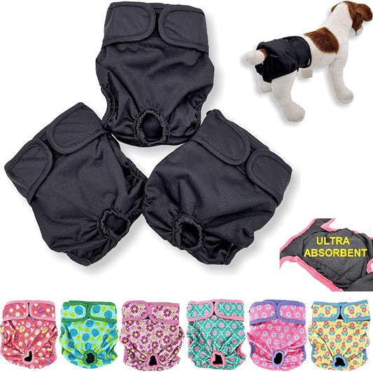 Pack of 3 or 6 Female Dog Diapers with 4 - Layers of Absorbent Pads Cat Panties Waterproof Leak Proof Washable (L: Waist 20" - 26", Pack of 3 Black)