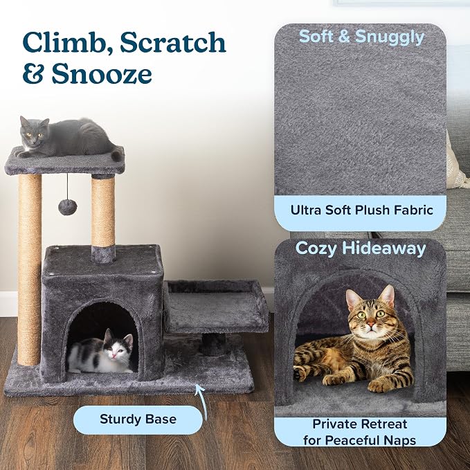 24.5in Small Cat Tree Tower - Cat Tower with Napping Perches, Kitten Condo, 2 Rope Scratching Posts, and Hanging Toy - Multi-Level Kitten Tree and Climbing Activity Furniture by PETMAKER (Gray)