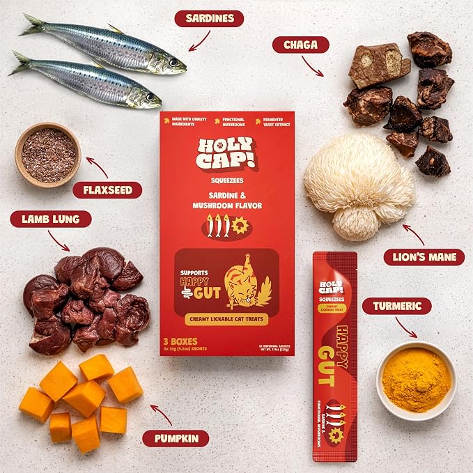 Happy Gut Grain-Free Lickable Cat Treats 15 Squeezable Purée Tubes (0.5 oz Each), Sardine & Pumpkin Flavor, Creamy Cat Purée with Clean Ingredients, Hand-Fed Treat or Meal Topper