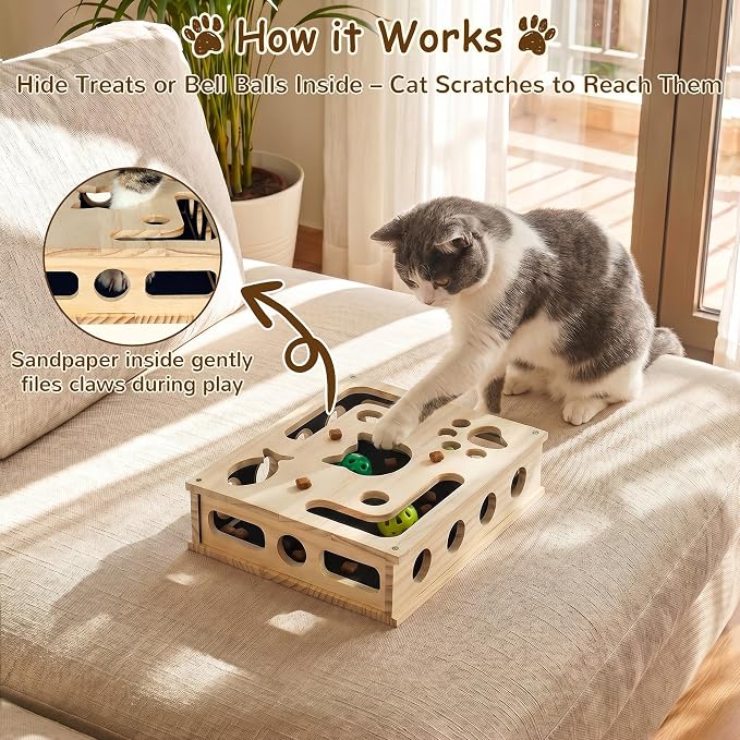 Cat Nail File Box, Interactive Wooden Cat Scratch Puzzle Toy with Sandpaper, Includes 3 Bell Balls & 3 Replacement Pads for Indoor Cats, Stress-Free Enrichment Claw Care (Regular)