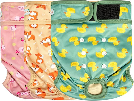 Langsprit Washable Female Dog Diapers - Doggie Reusable Diapers for Doggy Puppy Female in Period - Highly Absorbent Dog Heat Panties (Flamingo Duck) S
