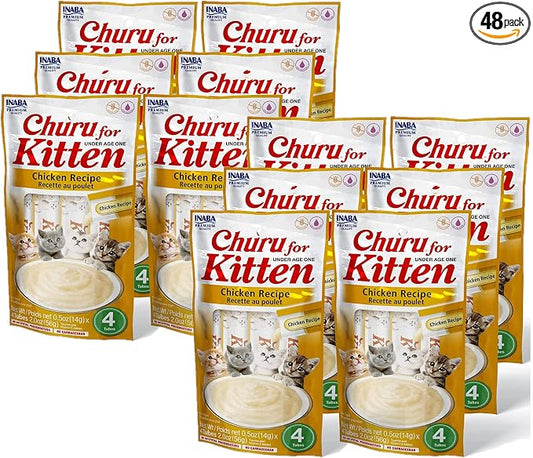 INABA Churu for Kittens, Grain-Free Creamy, Purée Lickable Cat Treats with DHA, EPA, Vitamin E & Taurine, 0.5 Ounces Each, 48 Tubes (4 per Pack), Chicken Recipe