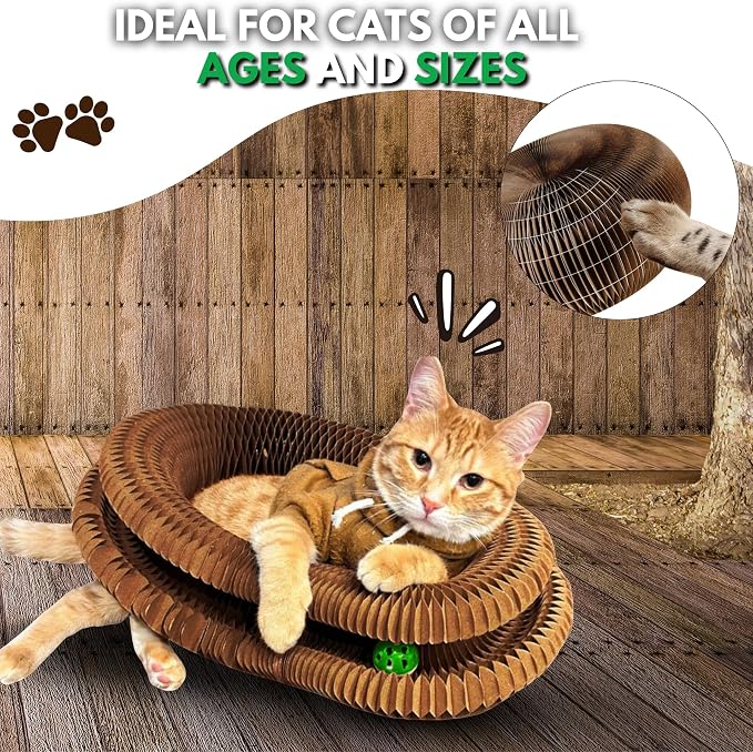 Kitty Kurlz Cat Scratcher Toy - Reversible Magic Organ Foldable Accordion Honeycomb Cardboard Scratching Board with Bell Ball, Interactive Anxiety Relief Exercise Toy for Indoor Cats (1PCS)