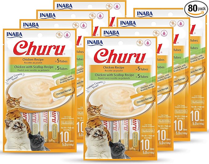 INABA Churu Cat Treats, Grain-Free, Lickable, Squeezable Creamy Purée Cat Treat/Topper with Vitamin E & Taurine, 0.5 Ounces Each Tube, 80 Tube Variety Box
