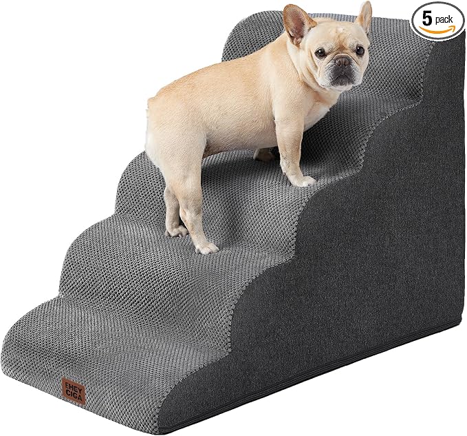 EHEYCIGA Curved Dog Stairs Ramp for High Beds, 5-Step Extra Wide Dog Steps for Small Dogs and Cats, Pet Stairs for High Bed Climbing, Non-Slip Balanced Pet Step Indoor, Grey