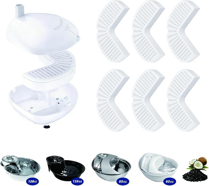 1 Pump Housing + 6 Replacement Filters Kit, Compatible with Pioneer Raindrop Stainless Steel & Big Max Ceramic Cat Dog Water Fountains, L-Shape Cartridge, Easy Install, Activated Carbon Filters