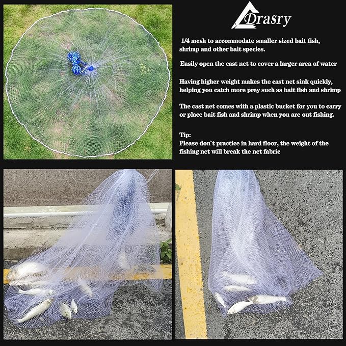 Drasry Saltwater Fishing Cast Net for Bait 3/8 1/4 or 1/2 with Heavy Sinkers Fish Trap Throw Net. Size 3ft/4ft/5ft/6ft/7ft/8ft/9ft/10ft Radius Freshwater Nets