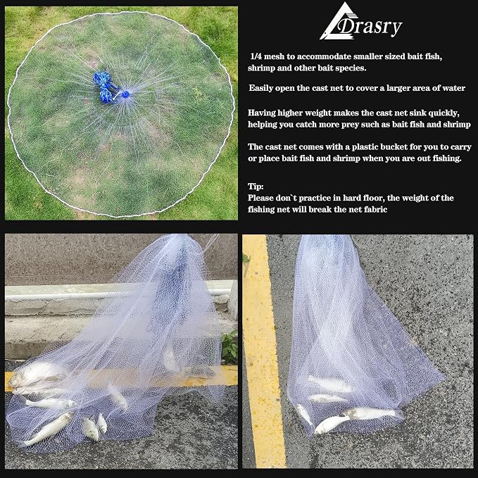Drasry Saltwater Fishing Cast Net for Bait 3/8 1/4 or 1/2 with Heavy Sinkers Fish Trap Throw Net. Size 3ft/4ft/5ft/6ft/7ft/8ft/9ft/10ft Radius Freshwater Nets