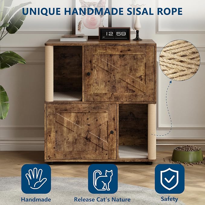 Cat Litter Box Enclosure, Two-Story Wooden Hidden Litter Box Furniture with Scratching Post, Multi-Level Cat Washroom Cabinet for 2 Cats, Reinforced Wood Frame & Ventilated Design for Small Apartment