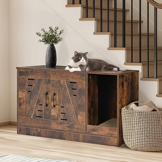 Cat Litter Box Enclosure, Hidden Cat Litter Box Furniture with Vent and Scratch Pad, Enclosed Odor Control, Easy Clean Panel, for Bedroom, Living Room, Rustic Brown