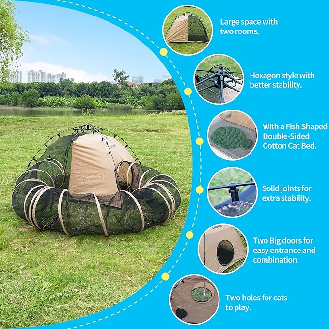 Quickup Pop Up Cat Tent for Outside, X-Large Catio & Cat Enclosure with Fish-Shaped Cat Mat, Portable Outdoor Cat Playpen for Multiple Cats, UV-Protected Cat House for Backyard Balcony Camping
