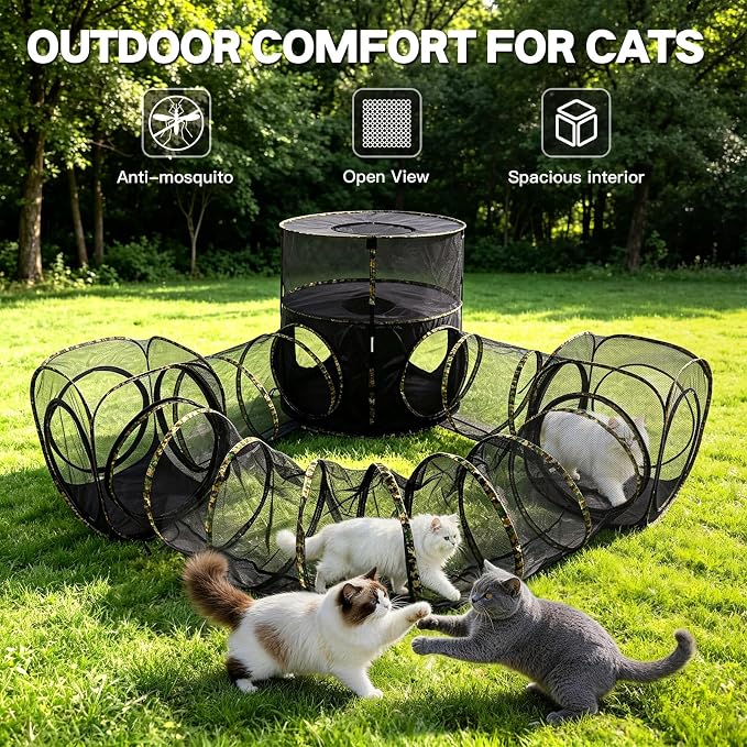 CypherX 6 in 1 Extra Large Outdoor Cat Enclosure, 2-Tier Camouflage Catio Tents and Tunnels for Outside, Pop Up Pet Tower Playpen Tube, Spacious Mesh Cage Playground for Large Breed Cats, Camo
