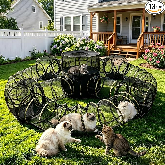 CypherX 13-in-1 Extra Large Catio Outdoor Cat Enclosure, 2-Tier Pop Up Cat Tents with Tunnels for Large Cats, Pet Tower Playpen House, Heavy Duty Outside Mesh Playground for Multiple Pets, Camo