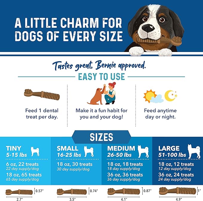 Bernie's Charming Chompers - Daily Dental Chews for Dogs 51-100 Lbs. - 24 Count - Cleans Teeth, Freshens Breath, + Boosts Oral-Gut Microbiome. Easy to Digest, Supports Healthy Digestion Naturally