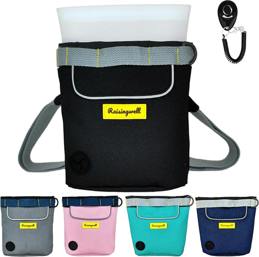 Raisingwell Dog Treat Pouch for Pet Walking and Training with Clicker 2 Cup Silicone Bag Small Fanny Pack Holder for Puppy Snack Dispenser Kit for Leash and Outdoor Use (Black)