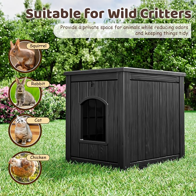 Cat Litter Box Enclosure, Resin Hidden Litter Box Furniture Side Table with Openable Front Door, Weatherproof Indoor & Outdoor Cat Litter Box Cabinet, Raised Floor, Easy to Clean & Assemble, Black
