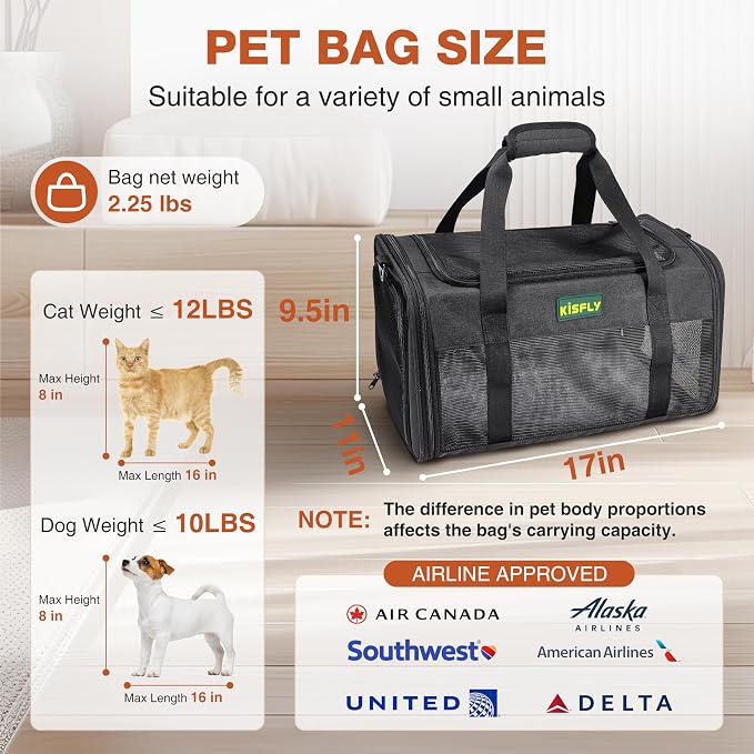 Airline Approved Cat and Small Dog Carrier 17"x11"x9.5"– Soft-Sided, Foldable Under-Seat Travel Bag for Pets up to 12 lbs, Top-Loading, Scratch-Resistant Mesh, Black