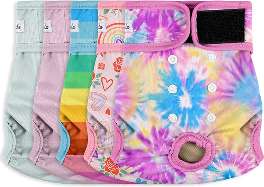 Female Dog Diapers 5Pcs - Premium Reusable Diapers for Doggie in Heat - Highly Absorbent Dog Diapers Female for Pet Incontinence with Adjustable Snaps, Rainbow, L