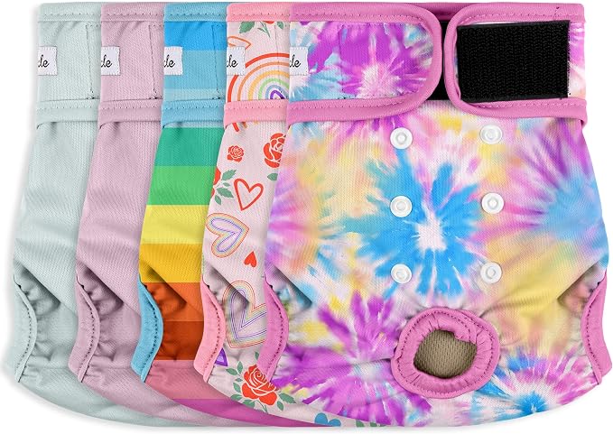 Washable Female Dog Diapers (5 Pack) - Doggie Reusable Small Medium Large Dog Diapers for Doggy Puppy Female in Period - Highly Absorbent Dog Heat Panties,S Plus,Rainbow