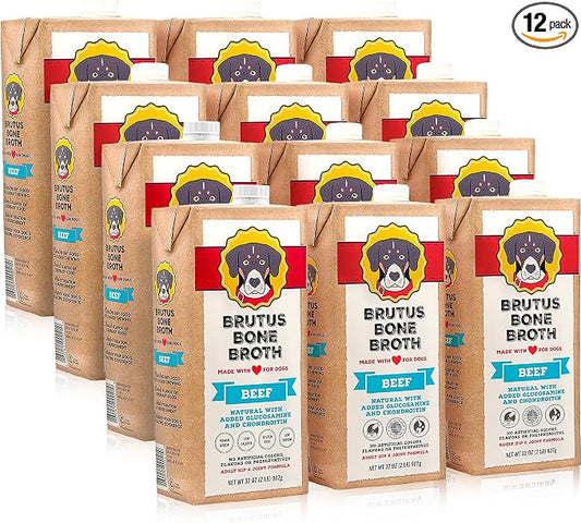 Brutus Beef Bone Broth for Dogs - All Natural Bone Broth with Chondroitin Glucosamine & Turmeric, Human Grade Food Toppers for Picky Eaters & Dry Food-Tasty & Nutritious, Pack of 12