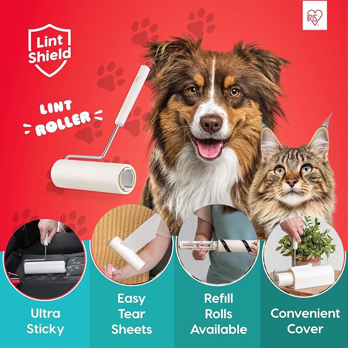 IRIS USA Extra Sticky Lint Roller, Value Pack Comes with Storage Box, Standard and T-Handle Roller, Refills, 90 Sheets/Roll, 1260 Sheets Total, Easy Tear Lint Remover for Dog Cat Pet Hair on Bed Car
