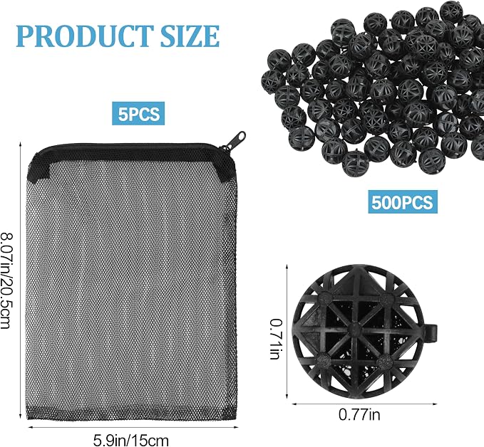 500 Pieces Black Bio Balls 0.6 Inch Internal Bioballs Filter Media for Aquarium Filter Pond Filter with 5 Pack Zippered Aquarium Filter Media Mesh Bags
