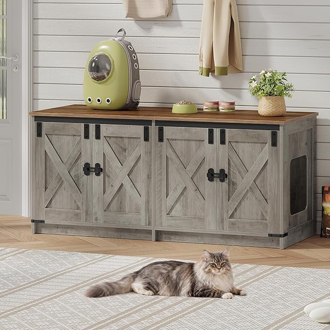 Hzuaneri Cat Litter Box Enclosure for 2 Cats, Hidden Litter Box Furniture Cabinet with Double Room, Indoor Cat House, Farmhouse Style, 46.7 x 18.9 x 21.1 Inches, Greige CB85305X