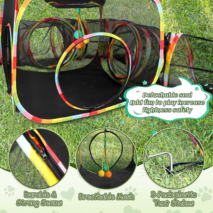 CypherX Outdoor Rainbow Cat Enclosure, 5 in 1 Portable Cat Tents for Outside Cage Free Outside Pet Enclosure Cat Tunnel Outdoor Playground for Indoor Cats and Small Animals