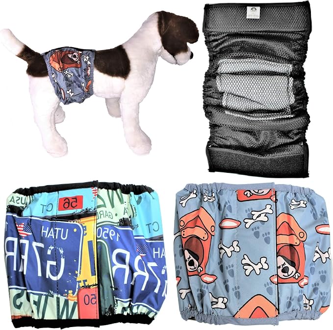 FDC Leak Proof Waterproof Diapers Dog Belly Band Male Wrap Washable Reusable Absorbent Pad Lined for Small Medium Large Pets Black (XXXL: Waist 20" - 27", Pack of 2 Gray & Retro)