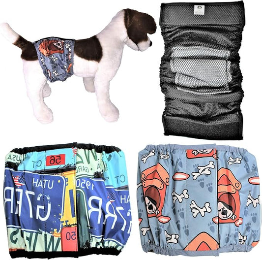 FDC Leak Proof Waterproof Diapers Dog Belly Band Male Wrap Washable Reusable Absorbent Pad Lined for Small Medium Large Pets Black (XS: Waist 7" - 10", Pack of 2 Gray & Retro)