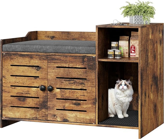Cat Litter Box Enclosure, Hidden Litter Box Cabinet Furniture with Scratch Pad, Farmhouse Indoor Cats House with Storage Layer for Hallway, Bedroom
