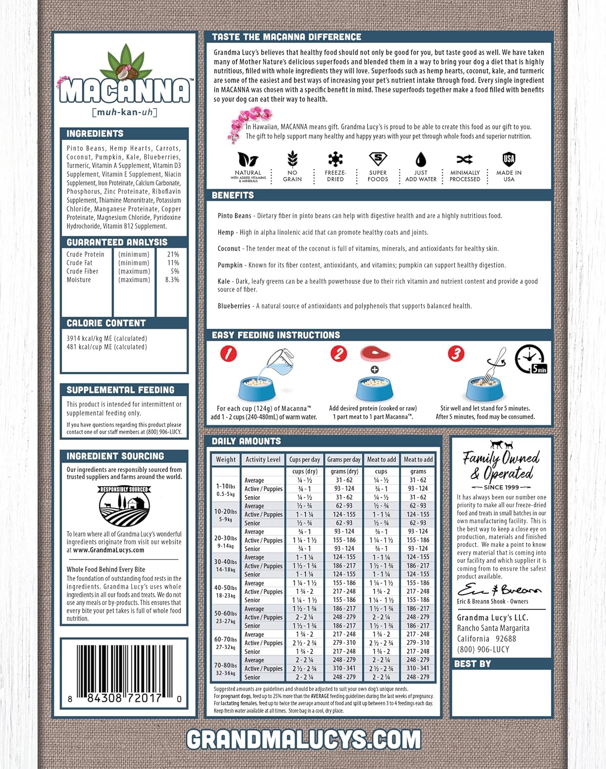 Grandma Lucy's Macanna Dog Food, Grain Free and Freeze-Dried - Pre-Mix, 3Lb Bag