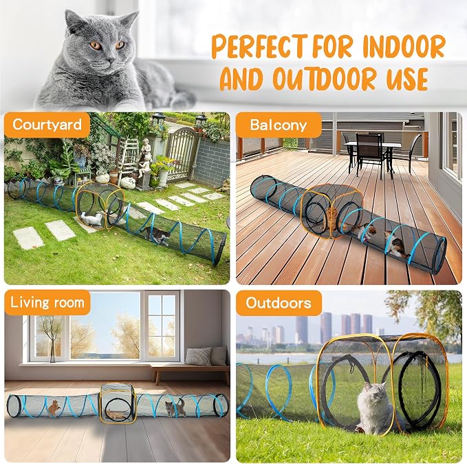 Cat Play Tunnel + Cube(with Three Ways) for Indoor and Outdoor, Cat Playpen, Play Enclosures, Collapsible Playhouse, Tunnel, Easy to Connect with Tent 2 Tunnels + Cube