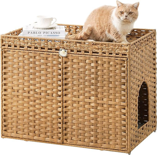 SETVSON Cat Litter Box Enclosure Furniture, Handwoven Rattan Hidden Litter Box with Mat, Large Space Cat House with 2 S-Shaped Hooks 30.3 x 18.3 x 24.4 Inches, Indoor for Living Room Apartment Natural