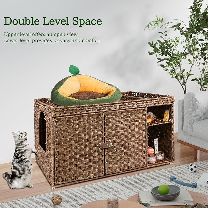 Aesthetic Cat Litter Box Enclosure, Handwoven Rattan Hidden Litter Box Furniture with Extra Mat and Fence, Large Space Litter Box Cover with Divider for Bedroom Living Room Balcony, Brown