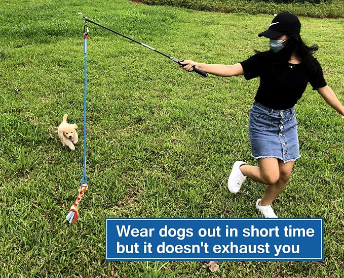 Interactive Flirt Pole Toy for Dogs Chase and Tug of War,Durable Teaser Wand with Pet Fleece Rope Tether Lure Toy to Outdoor Exercise & Training for Small Medium Large Dogs (Blue/Red, POLE-35 inches)