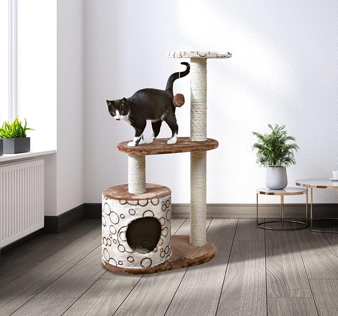TRIXIE Casta Cat Tree with Condo | 2 Platforms | Dangling Cat Toy, Brown, 21.5 x 13.75 x 37.25 in.