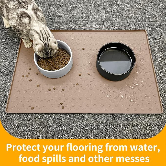 Ptlom Dog Food Mat Waterproof Pet Bowl Mats with High Lips, Non-Slip Dog Placemat Prevent Messy Spills to Floor, Silicone Puppy Feeding Tray for Small, Medium Large Dogs Cats, Taupe, 24.5" 16.5"
