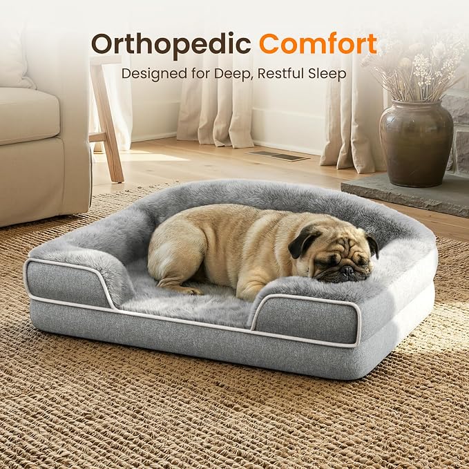 Orthopedic Dog Bed for Small Medium Dogs, 30 x 20 Inch Waterproof Egg Crate Foam Medium Dog Couch Bed with Sides, Washable Removable Cover, Non Slip Bottom, Light Grey