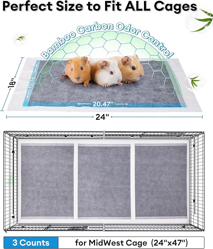 BUCATSTATE 50 Count Disposable Guinea Pig Cage Liners, Super Absorbent Guinea Pig Bedding, Bamboo Charcoal Odor Control Pee Pads for Rabbits, Ferrets and Small Animals (18''x24'')