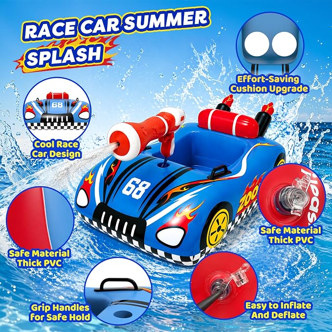 Inflatable Pool Floats for Kids with Water Gun, Race Car Toddler Pool Float for Boys, Ride-on Pool Toy with Built-in Squirt Gun Unlimited Ammo,CPC Certified Summer Outdoor Water Toys Ages 3-8