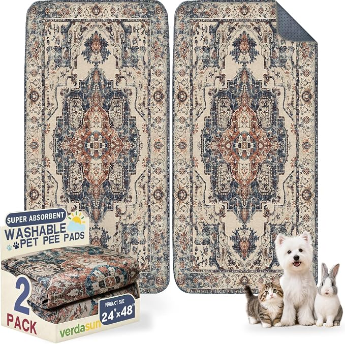 Washable Pee Pads for Dogs, Reusable Puppy Potty Training Pads, Ultra-Absorbent Thick Waterproof Leak-Proof Non-Slip Pads & Mat for Crate, Playpen, Floor, Whelping & Housebreaking , 2 Pack 24"x48"