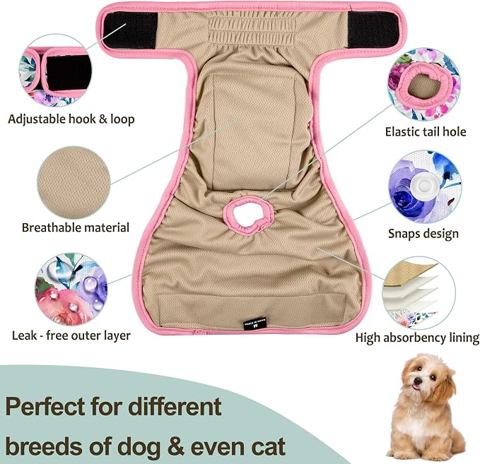 Female Dog Diapers - Reusable Diapers for Doggie in Heat - Highly Absorbent for Pet Incontinence with Snaps (Pack of 3) Rose, XL