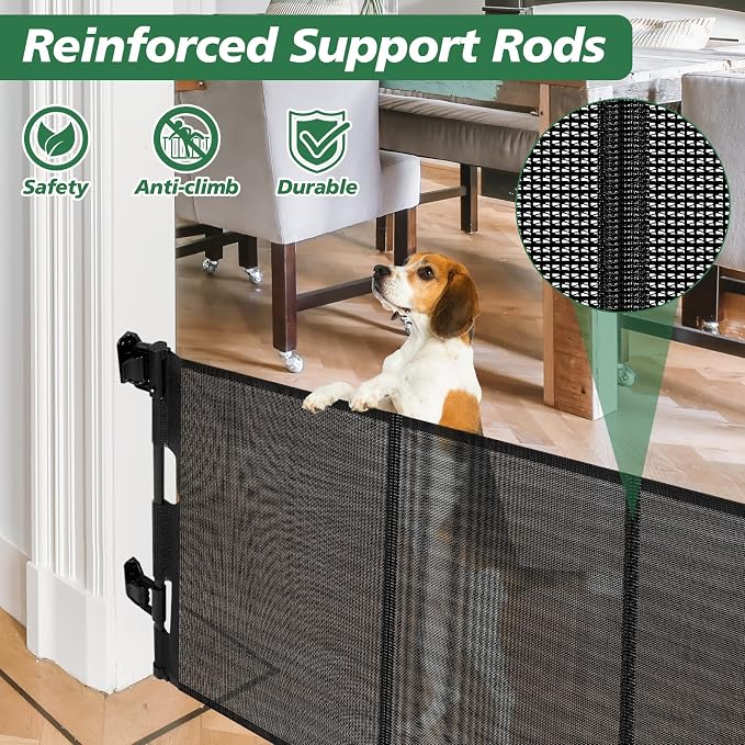 24" Tall X 80" Wide Retractable Baby Gates, Short Dog Gates to Step Over, Reinforced Mesh Pet Gate with Support Rods, Small Puppy Gates for The House, Black