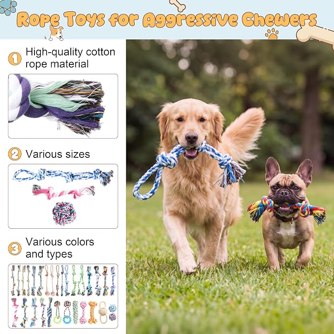 Leitee 50 Pcs Rope Dog Toy Bulk Interactive Tough Puppy Chew Toys for Small Medium Large Dogs, Teething Sturdy Cotton Puppy Chew Tug Knot Ropes Indoor Outdoor, Teeth Cleaning