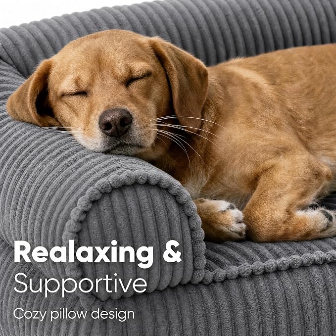 FUKUMARU Dog Couch Bed, Corduroy Cozy Cat Bed for Indoor Cats with Washable Cover, 28in Waterproof Orthopedic Dog Beds Sofa for Small Dogs and Large Cats, Cute Warm Cotton Pet Sofa, Grey