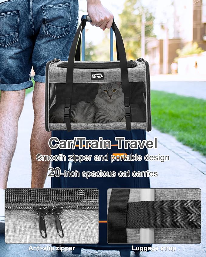 Soft-Sided Large Cat Carrier for 2 Cats, Spacious Foldable Pet Travel Carrier for Large Cats up to 25 Lbs, Double Cat Bag with Shoulder Strap, 20x13x13 Inch, Fits Maine Coon and Small Dogs, Grey