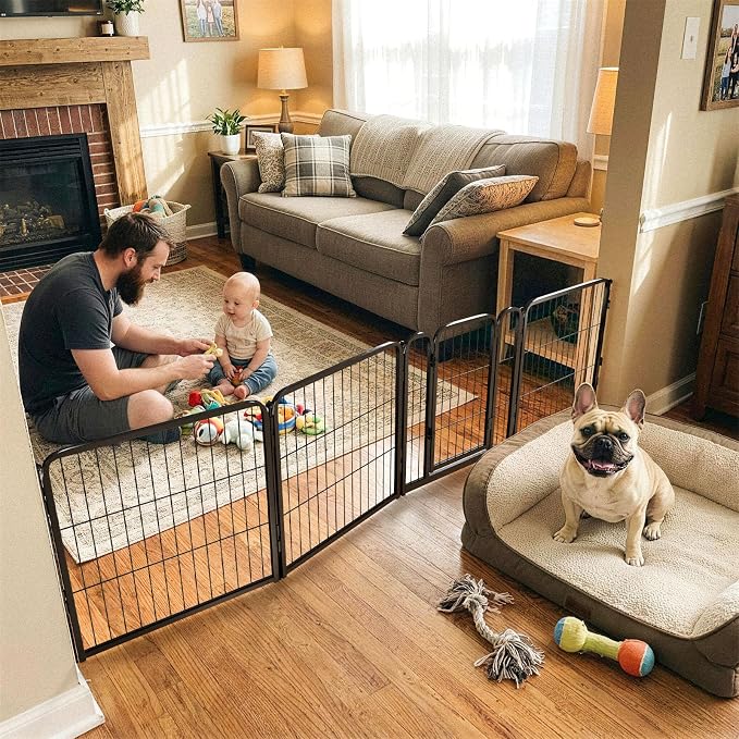 FXW Dog Gate Extra Wide Designed for Indoor Use, Adjustable Width Up to 92-inch Wide (24" H 4 Wire Panels for Puppies and Small Dogs), Black